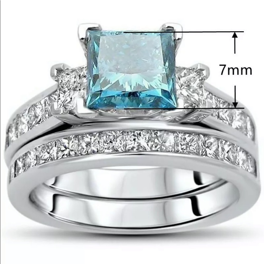 18K WHITE GOLD 2 1/2ct TDW Blue Princess-cut Diamond Bridal Set vermeil - Picture 3 of 10